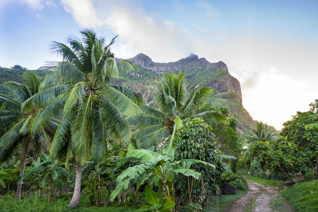 Hiking down a quiet residential road in Vaitape toward the base of the mountain: